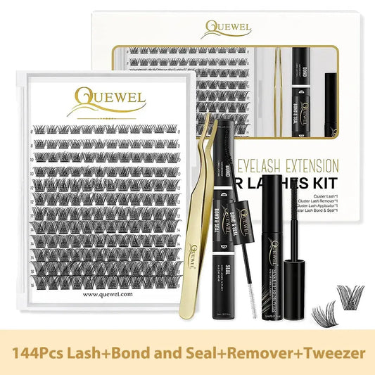 Quewel Lashes Kit 144Pcs DIY Cluster Lashes Faux Mink Lash Bond and Seal Glue Waterproof Lash Glue Remover Golden Lashes Tweezer Johnny Tirak Johnny Tirak