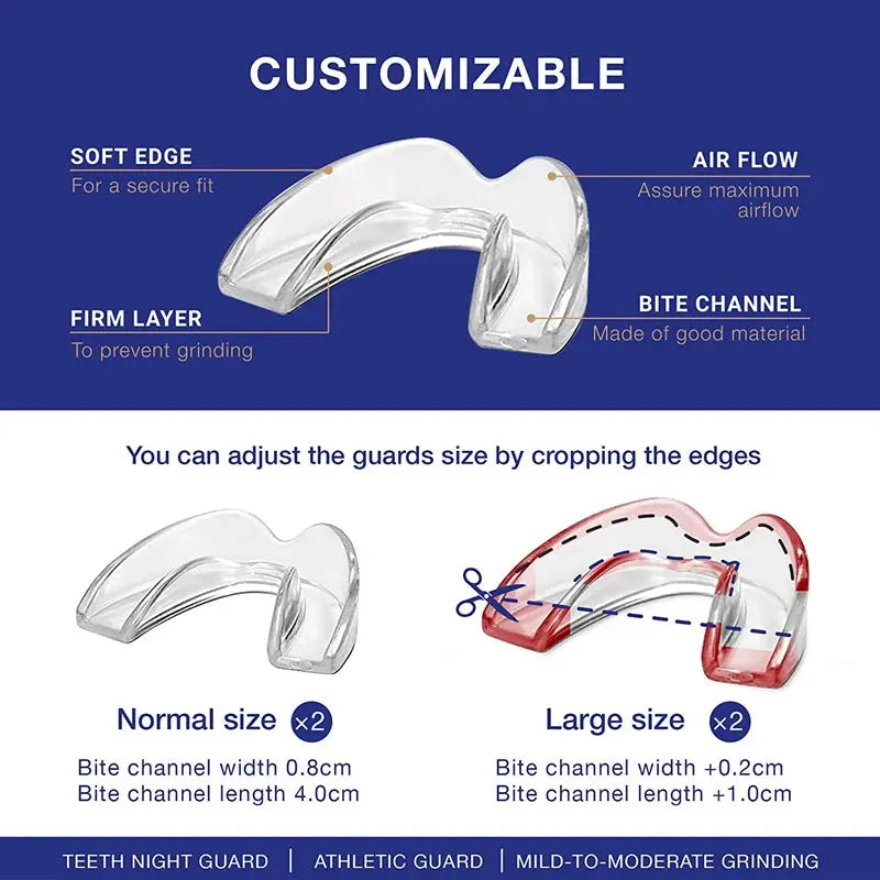 4pcs/Box Anti Snore Mouthpiece Silicone Material 2 Regular+2 Large PreSPECIFICATIONSName: Anti Snore MouthpiecePackaging: 4 pcs/boxContain: 2 Regular+2 LargeColor: TransparentFeature: Portable, silicone material, safeFunction: SuitableJohnny TirakJohnny Tirak4pcs/Box Anti Snore Mouthpiece Silicone Material 2 Regular+2 Large Prevent Teeth Grinding