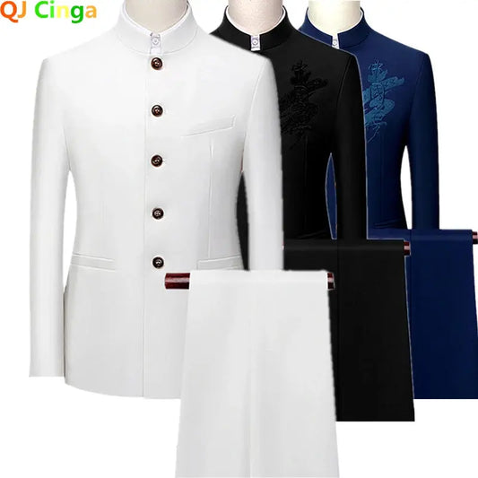 White Men's Stand Collar Chinese Style Slim Fit Two Piece Suit Set / MSPECIFICATIONSBrand Name: Qj cingaMaterial: POLYESTERApplicable Season: Four SeasonsStyle: Chinese StyleOrigin: Mainland ChinaCN: ZhejiangApplicable Scene: BUSINESSHJohnny TirakJohnny TirakPiece Suit Set / Men Zhong Shan Blazer Jacket Coat Pants Trousers 2 Pcs 7XL