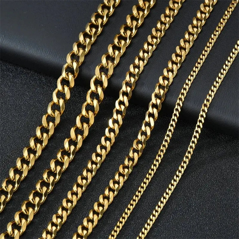 Basic Punk Stainless Steel 3,5,7mm Curb Cuban Necklaces For Men Women Black Gold Color Link Chain Chokers Solid Metal Jewelry.