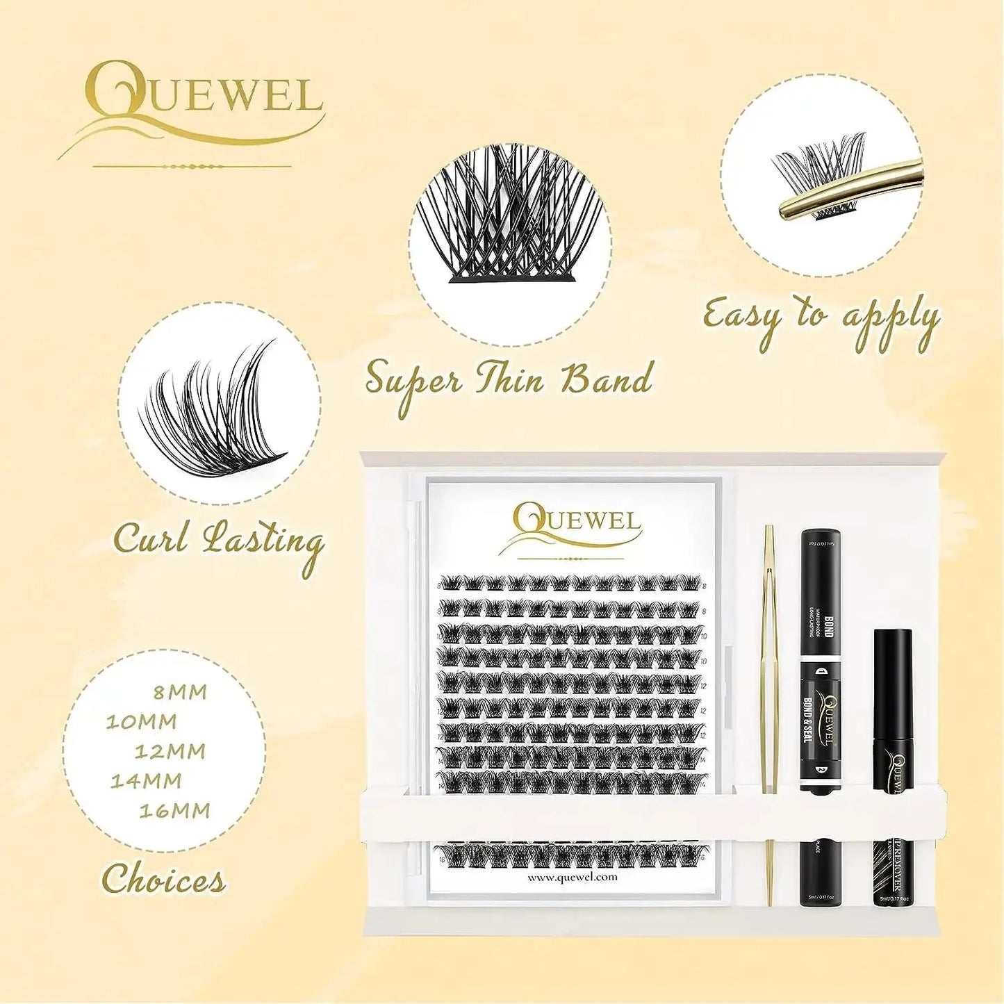 Quewel Lashes Kit 144Pcs DIY Cluster Lashes Faux Mink Lash Bond and Seal Glue Waterproof Lash Glue Remover Golden Lashes Tweezer Johnny Tirak Johnny Tirak