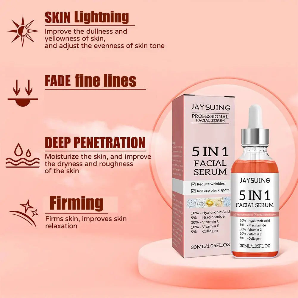 5 In 1 Fade fine lines Firming Face Serum Moisturizing brightning VitaSPECIFICATIONSBrand Name: jaysuingGender: FemaleHign-concerned Chemical: NoneNumber of Pieces: One UnitOrigin: Mainland ChinaFormulation: LiquidFeature: Anti-AgingItJohnny TirakJohnny Tirak1 Fade fine lines Firming Face Serum Moisturizing brightning Vitamin