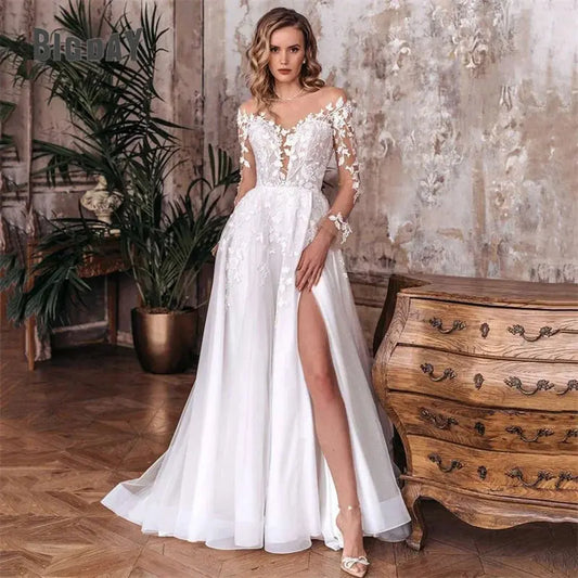 Elegant A-Line Wedding Dress Women Open Back V-Neck Lace Long Sleeve SSPECIFICATIONSBrand Name: DIDEYTTAWLStyle: ClassicNeckline: V-NECKSleeve Length(cm): FullTrain: Sweep/ Brush TrainOrigin: Mainland ChinaCN: JiangsuDresses Length: FlJohnny TirakJohnny Tirak-Neck Lace Long Sleeve Side Split Tulle Bridal Gown Sweep Train Vestidos De Noiva