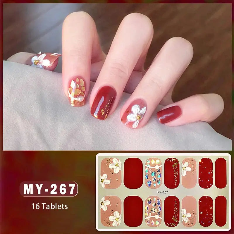 DIY Baking-free Nail Stickers Long-Lasting Solid Color Fresh Flowers In Summer Nail Strips Patch Slider Full Cover Decal.