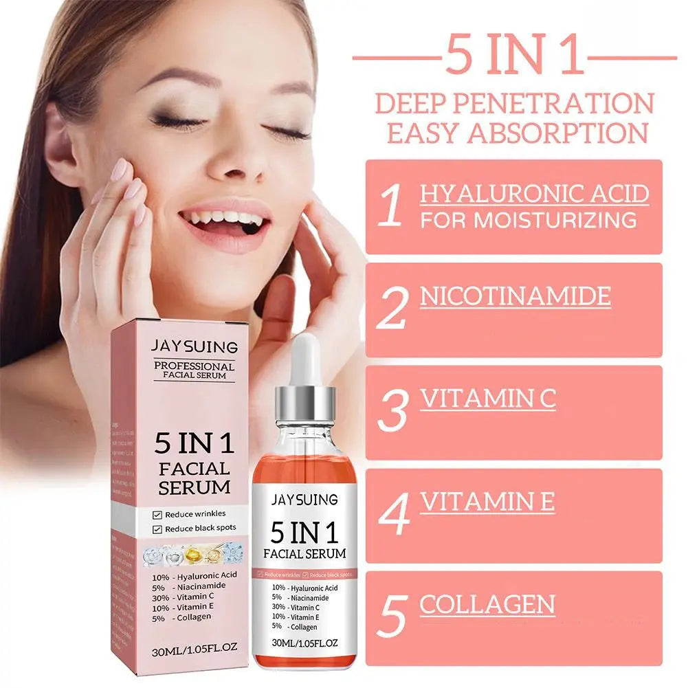 5 In 1 Fade fine lines Firming Face Serum Moisturizing brightning VitaSPECIFICATIONSBrand Name: jaysuingGender: FemaleHign-concerned Chemical: NoneNumber of Pieces: One UnitOrigin: Mainland ChinaFormulation: LiquidFeature: Anti-AgingItJohnny TirakJohnny Tirak1 Fade fine lines Firming Face Serum Moisturizing brightning Vitamin