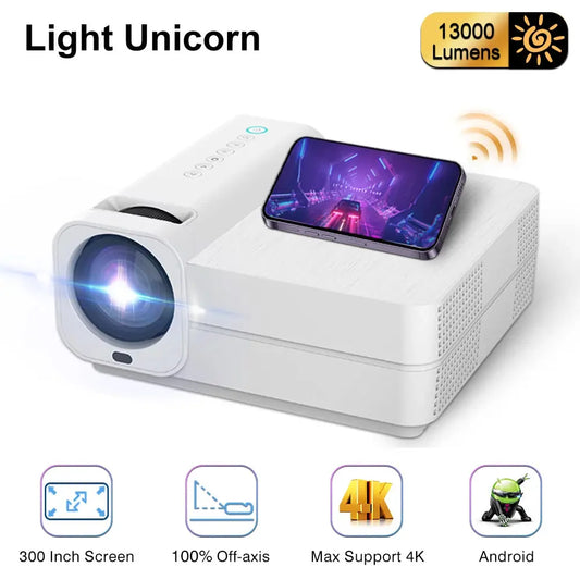 Light Unicorn T28 1080P full HD 13000 Lumens LED Video Projector 4K AnSPECIFICATIONSBrand Name: LIGHT UNICORNCategory: ProjectorsKeystone Correction: Manual CorrectionOrigin: Mainland ChinaProjected Dimension: 30-300 inchesLight SourceJohnny TirakJohnny TirakLight Unicorn T28 1080P full HD 13000 Lumens LED Video Projector 4K Android 5G WiFi 300Inch Home Cinema Theater Smart TV Beamer