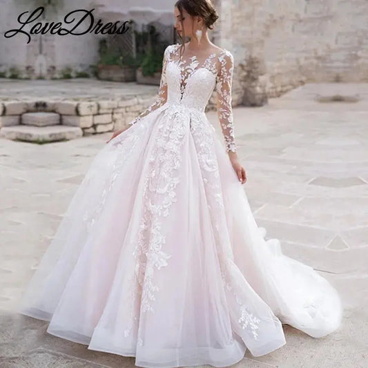 Luxury Pink Long Sleeves Wedding Dress Ball Gown Lace Appliques O-Neck Button Royal Train Bride Gowns Vestido De Novia Princess.