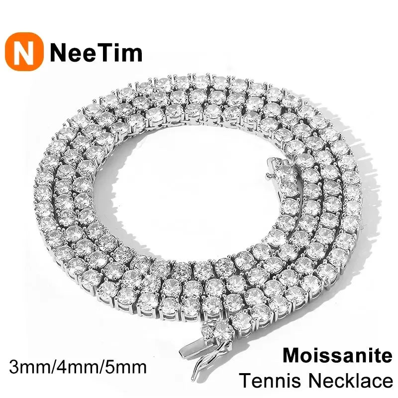 NeeTim 3mm 4mm 5mm Moissanite Tennis Necklace 925 Sterling Sliver with Gold Plated Necklaces for Women Men Neck Chain Jewelry.