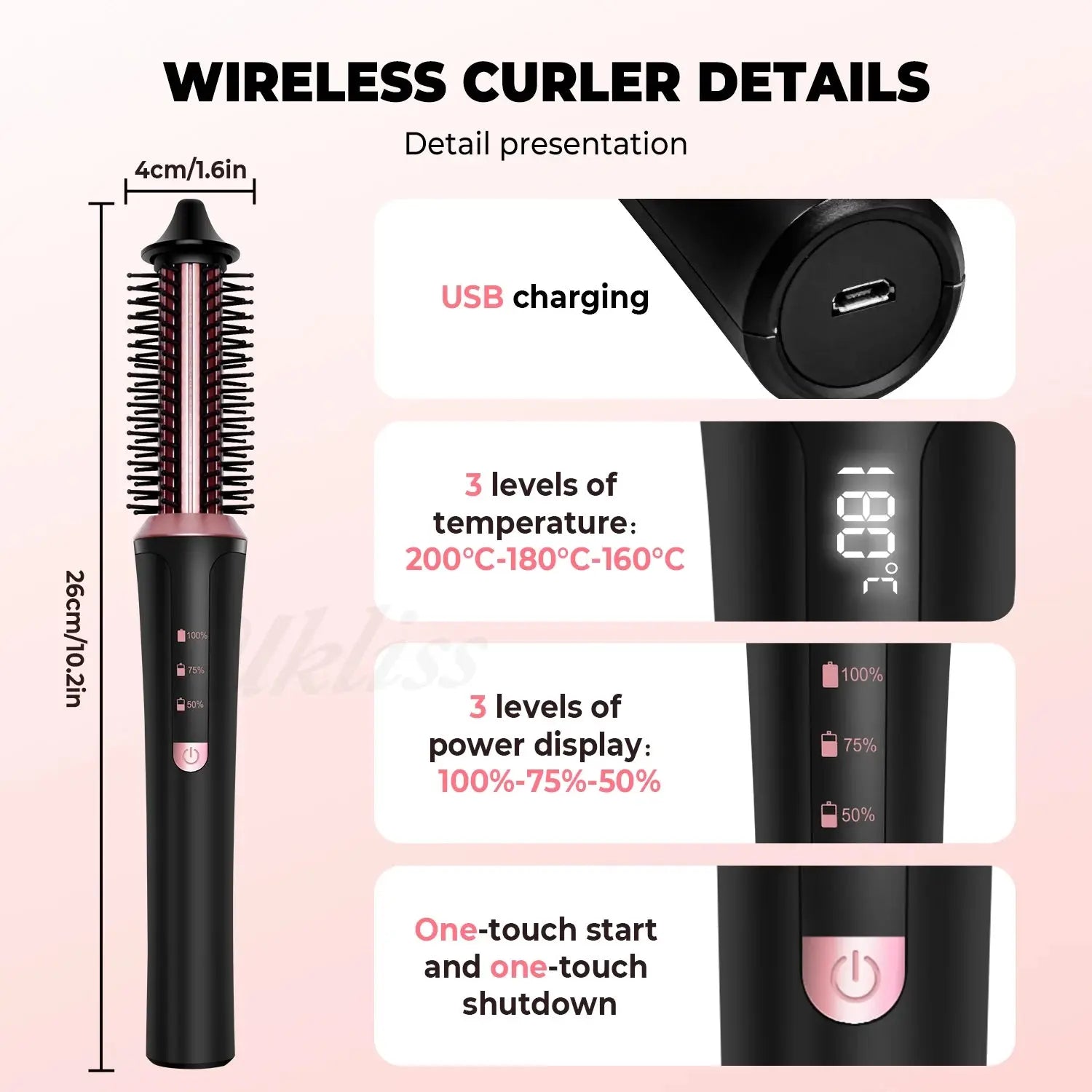 Wireless Thermal Brush Styler Professional USB Ion Hair Curler StraighSPECIFICATIONSBrand Name: UKLISSOrigin: Mainland ChinaHign-concerned Chemical: NoneUsage Time: 60MinsNumber of Pieces: One UnitVoltage: Global Universal(100-240V)ChaJohnny TirakJohnny TirakWireless Thermal Brush Styler Professional USB Ion Hair Curler Straightening Curling Hair Iron Styling Tools