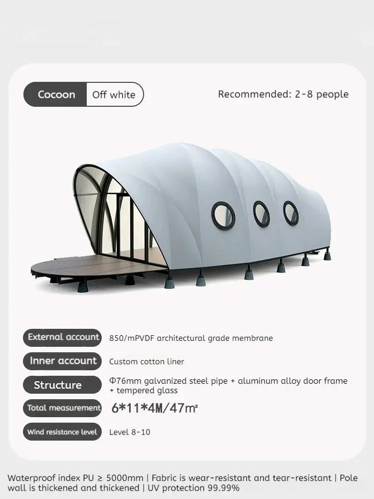 Eco Shell Hotar Hut Cocoon-Like Shape Glamping Safari Tents For CampinSPECIFICATIONSBrand Name: MOYUHign-concerned Chemical: NoneOrigin: Mainland ChinaGeneral Use: Outdoor Furnitureis_customized: YesSpecific Use: Garden SofaSize: 6mx11Johnny TirakJohnny TirakCamping Hotel Resort Event Prefabricated Resort Tent Snail Shape