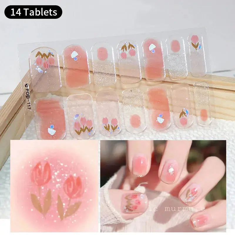 DIY Baking-free Nail Stickers Long-Lasting Solid Color Fresh Flowers In Summer Nail Strips Patch Slider Full Cover Decal.